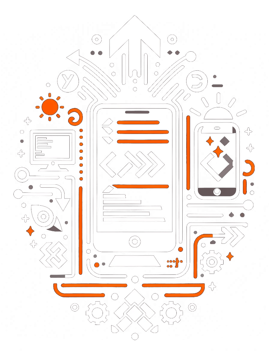 Icon für zukunftsorientierte Entwicklung mit PC und Smartphone in Weiß und Orange