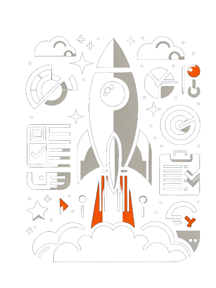 Icon für Software-Launch: Weiße Rakete und Planungssymbole in Orange auf Schwarz
