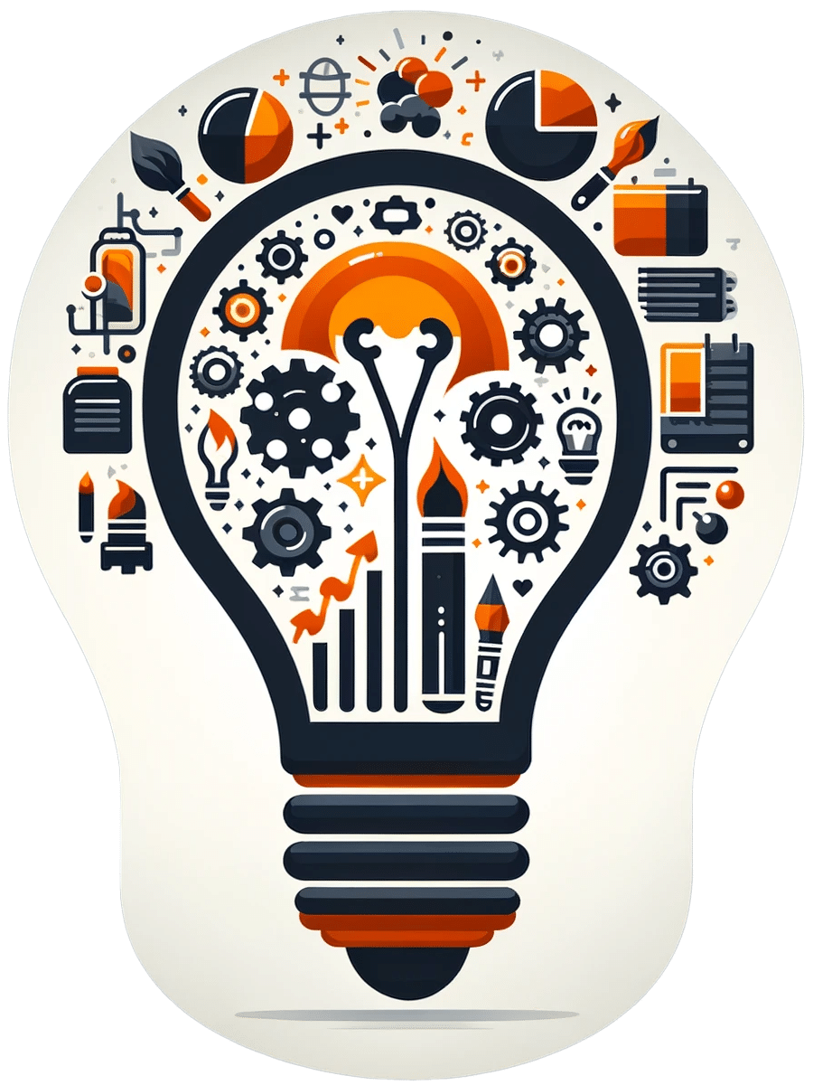 Icon einer Glühbirne gefüllt mit Elementen aus Industrie, Softwareentwicklung, Design und Business Analytics, in Orange und Dunkelgrau